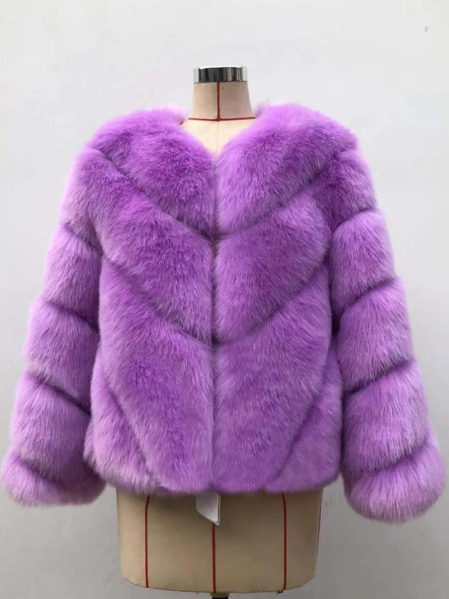 Faux Fur Coats Long Sleeves Patchwork Winter Eco-friendly Fur Jacket